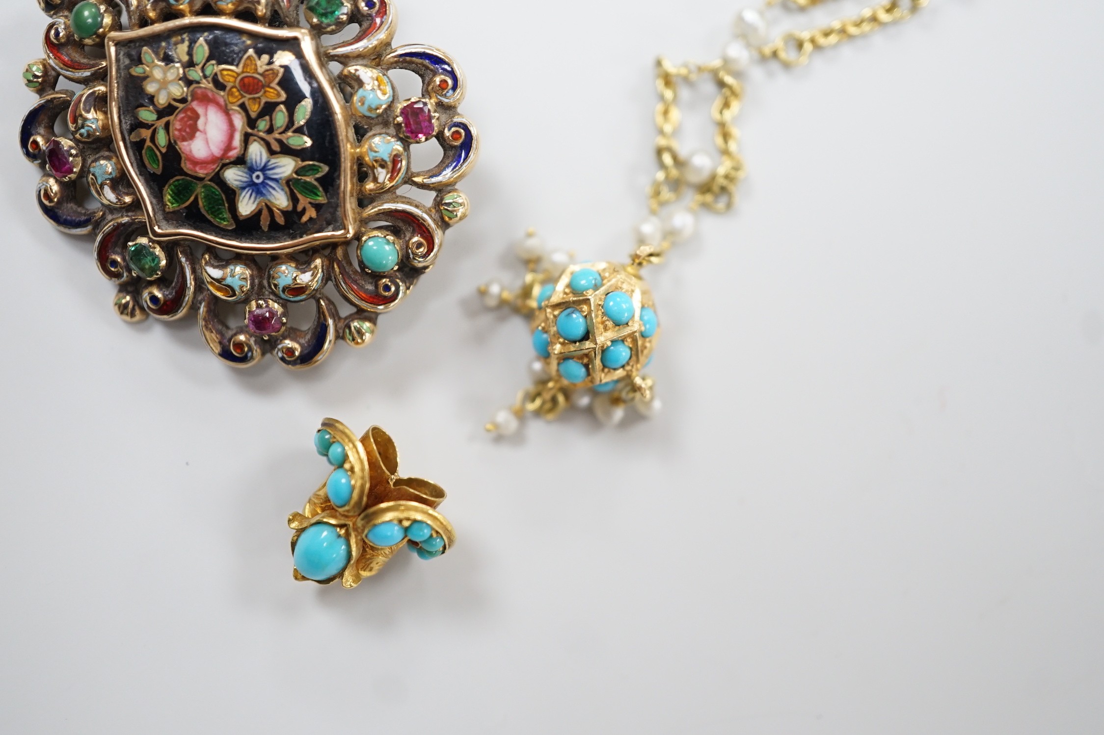 A Victorian yellow metal, enamel and gem set brooch, 37mm, with black sash, together with a yellow metal, turquoise and seed pearl set pendant necklace and a yellow metal and turquoise set small pendant on a damaged 9ct